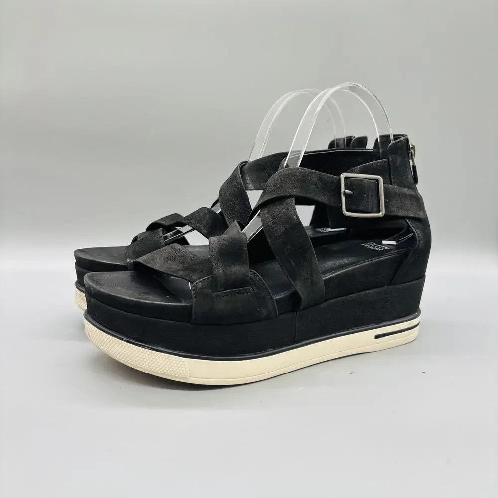 Eileen Fisher Sandals Womens 10 Black Leather Strappy Platform Wedge Zip Shoes